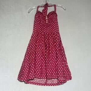 Halter Fit and Flare Mini Dress Medium Hot Pink Polka Dot Cotton Retro Tie Back